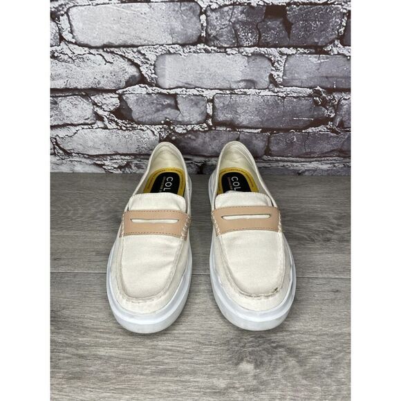 Cole Haan White Canvas Fabric Tan Penny Casual Slip On Shoes Women 6.5M US/37EU - Picture 11 of 16